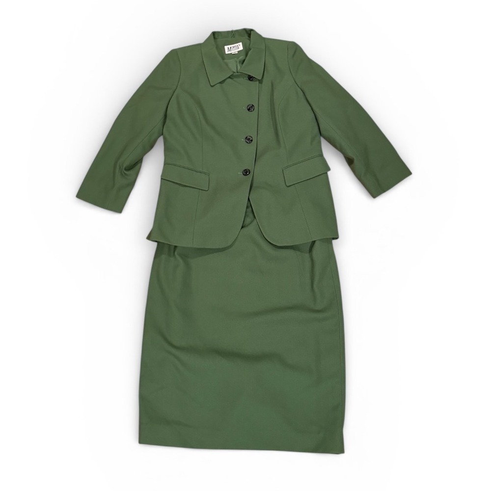 Vtg 90s Morgan Miller Womens 2 Piece Skirt Suit Green Blazer Pencil Skirt Set 16